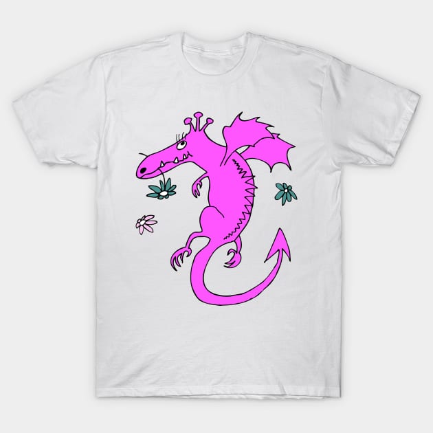 cute happy dragon in pink with flowers T-Shirt by kobyakov